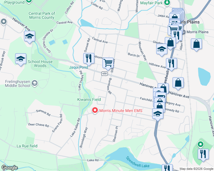 map of restaurants, bars, coffee shops, grocery stores, and more near 14 Burnham Road in Morris Plains