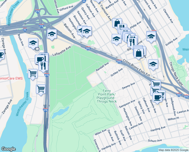 map of restaurants, bars, coffee shops, grocery stores, and more near 2700 Randall Avenue in The Bronx