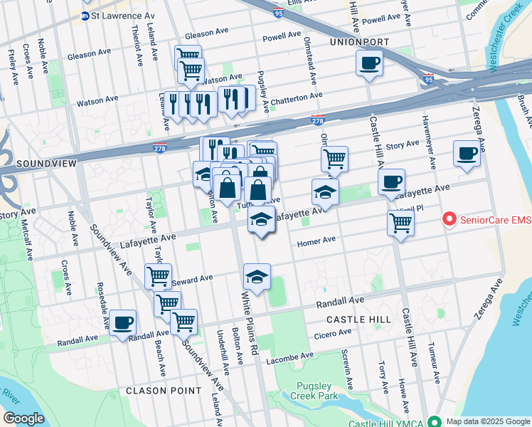 map of restaurants, bars, coffee shops, grocery stores, and more near 1965 Lafayette Avenue in The Bronx