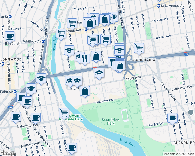 map of restaurants, bars, coffee shops, grocery stores, and more near 929 Elder Avenue in Bronx