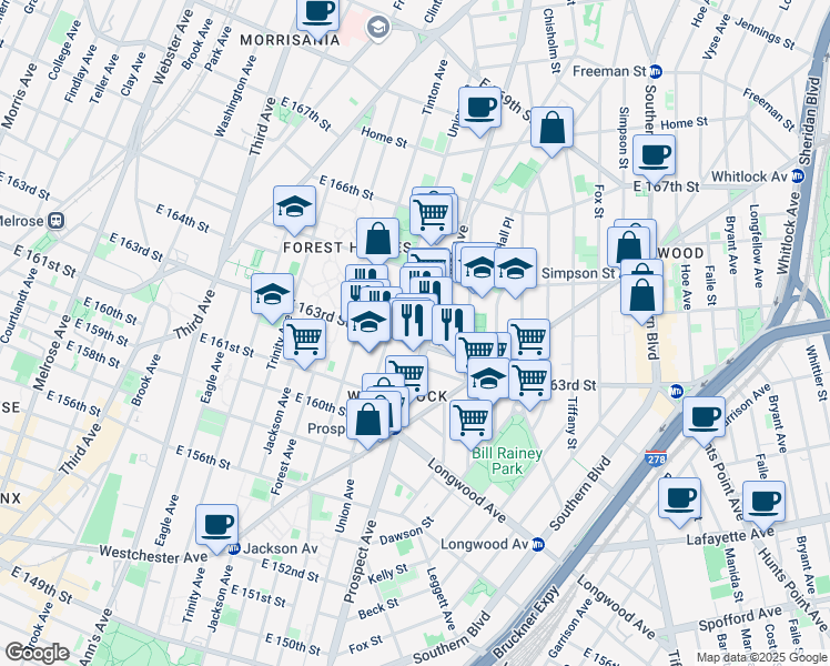 map of restaurants, bars, coffee shops, grocery stores, and more near in The Bronx