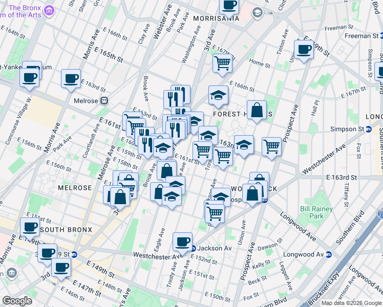 map of restaurants, bars, coffee shops, grocery stores, and more near 902 Eagle Avenue in Bronx