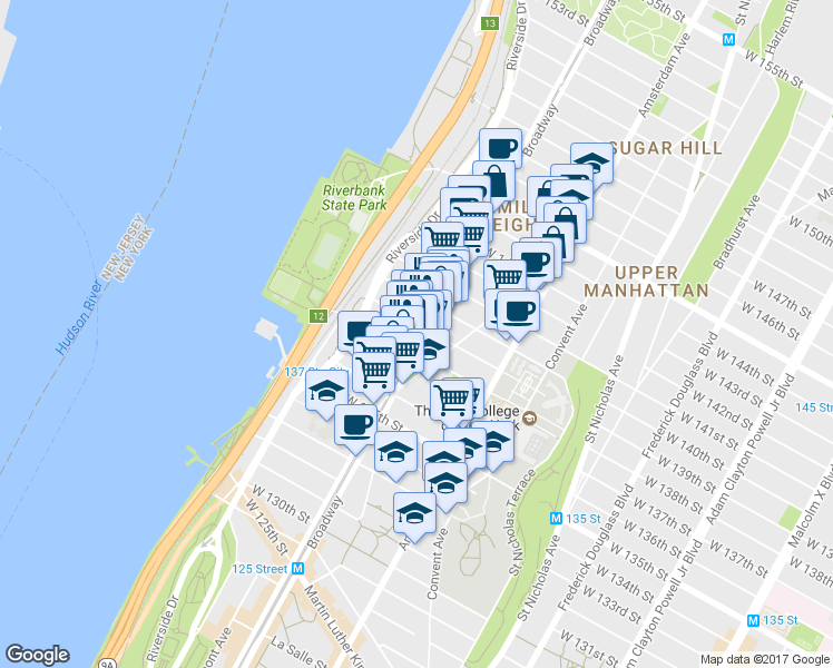 map of restaurants, bars, coffee shops, grocery stores, and more near 3410 Broadway in New York