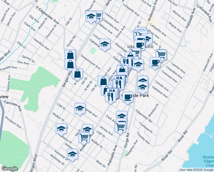 map of restaurants, bars, coffee shops, grocery stores, and more near 506 Olympia Avenue in Cliffside Park