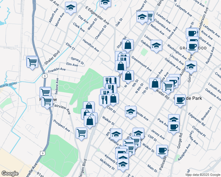 map of restaurants, bars, coffee shops, grocery stores, and more near 371 Bergen Boulevard in Fairview