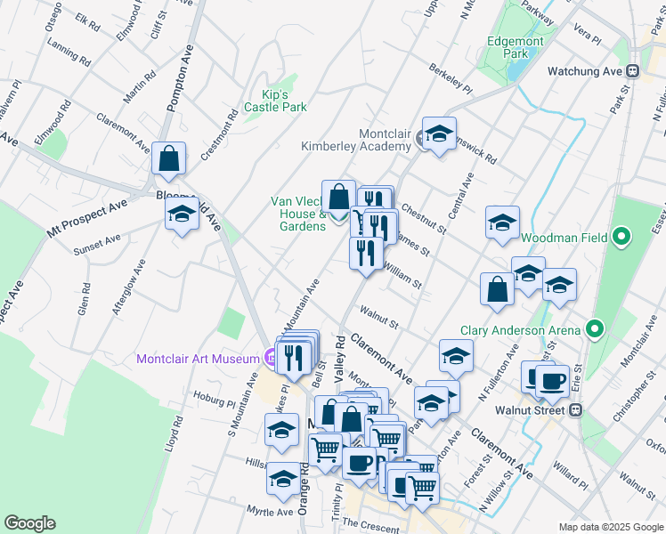 map of restaurants, bars, coffee shops, grocery stores, and more near 55 North Mountain Avenue in Montclair