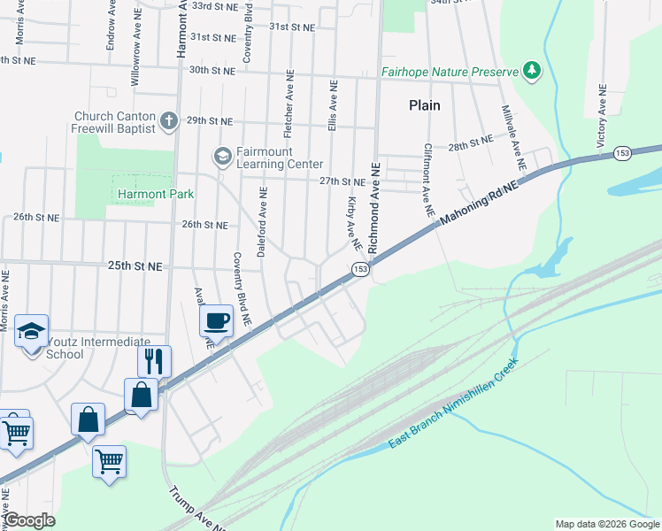 map of restaurants, bars, coffee shops, grocery stores, and more near 3919 Mahoning Road Northeast in Canton