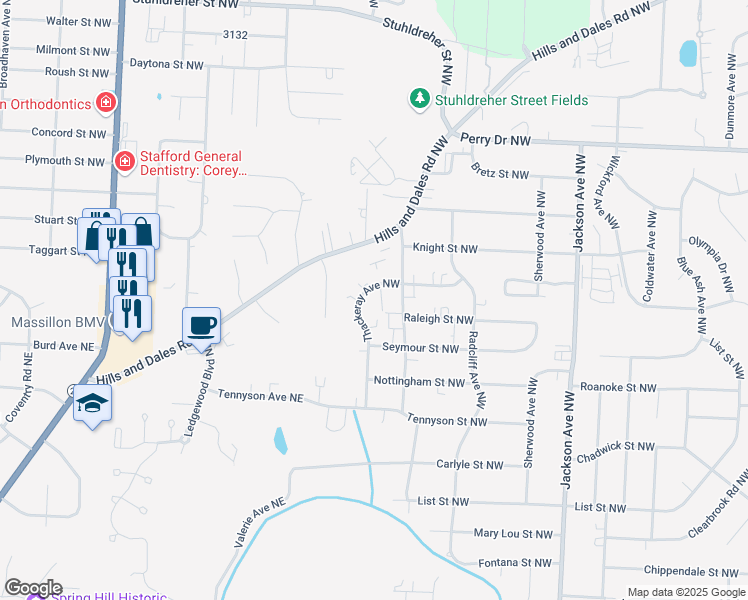 map of restaurants, bars, coffee shops, grocery stores, and more near 2830 Thackeray Avenue Northwest in Massillon