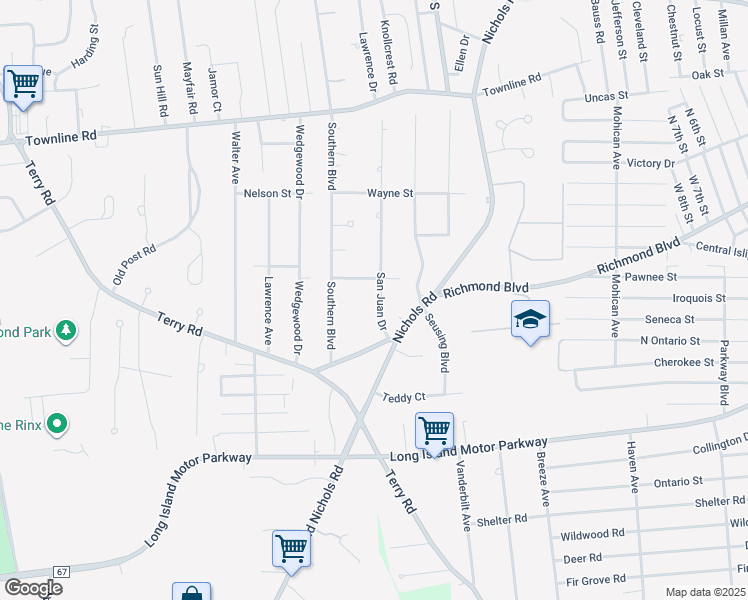map of restaurants, bars, coffee shops, grocery stores, and more near 100 San Juan Drive in Hauppauge