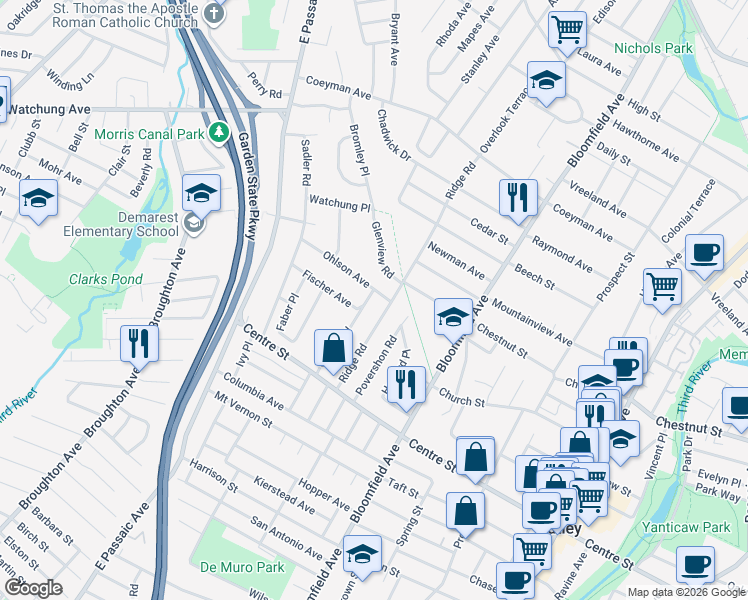 map of restaurants, bars, coffee shops, grocery stores, and more near 86 Gerard Road in Nutley