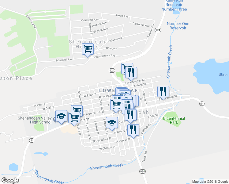 map of restaurants, bars, coffee shops, grocery stores, and more near 211 N Jardin St in Shenandoah
