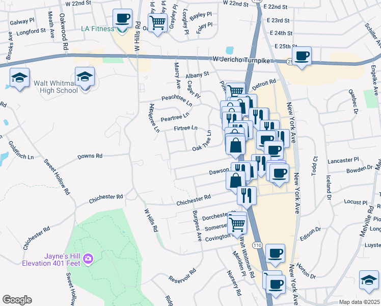 map of restaurants, bars, coffee shops, grocery stores, and more near 32 Oak Tree Lane in Huntington Station