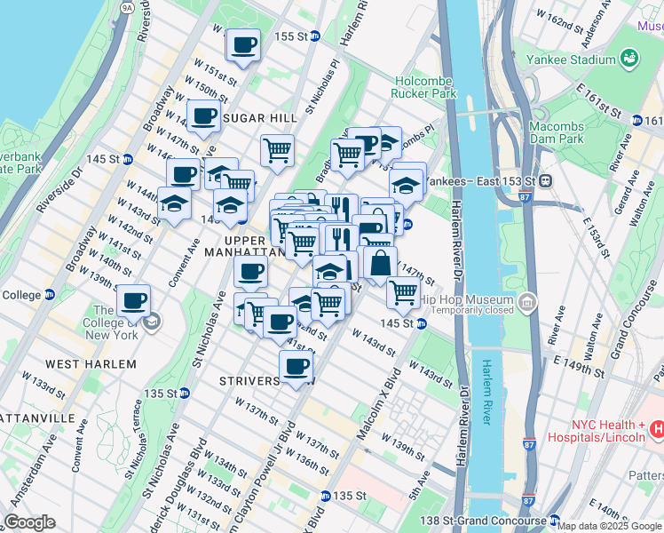 map of restaurants, bars, coffee shops, grocery stores, and more near 241 West 145th Street in New York