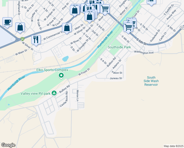 map of restaurants, bars, coffee shops, grocery stores, and more near 300-370 Bullion Road in Elko