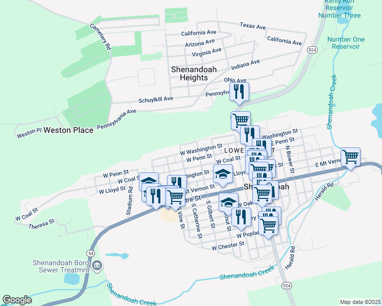 map of restaurants, bars, coffee shops, grocery stores, and more near 420 West Washington Street in Shenandoah