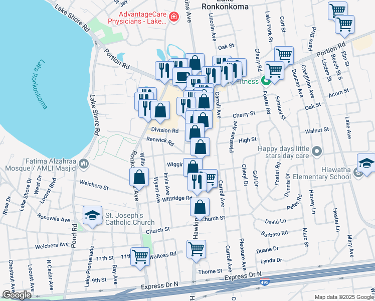 map of restaurants, bars, coffee shops, grocery stores, and more near 7 Carlson Road in Lake Ronkonkoma