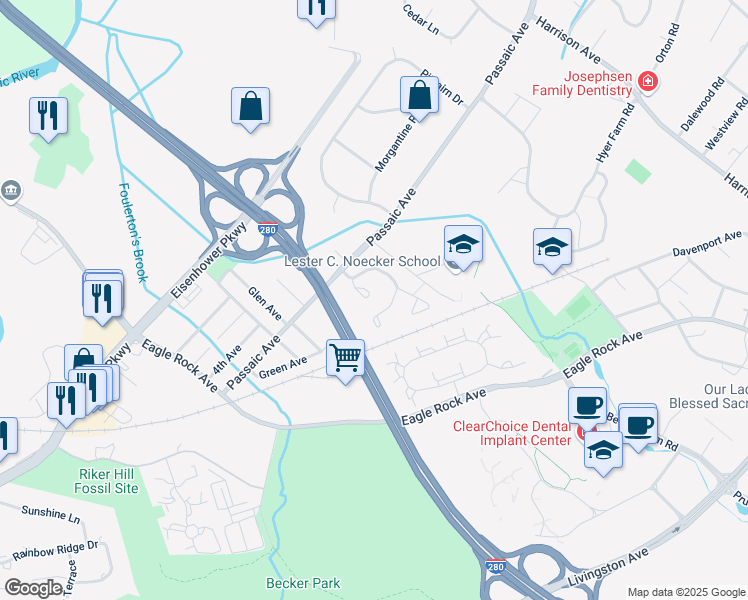 map of restaurants, bars, coffee shops, grocery stores, and more near 16 Lenape Drive in Roseland