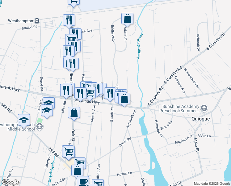 map of restaurants, bars, coffee shops, grocery stores, and more near 3 Bridle Path in Westhampton Beach