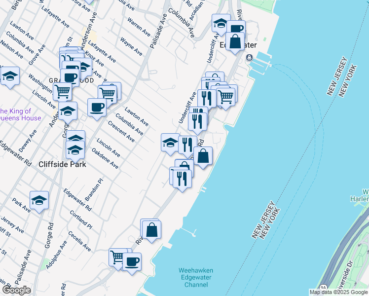 map of restaurants, bars, coffee shops, grocery stores, and more near 15 Winterburn Place in Edgewater