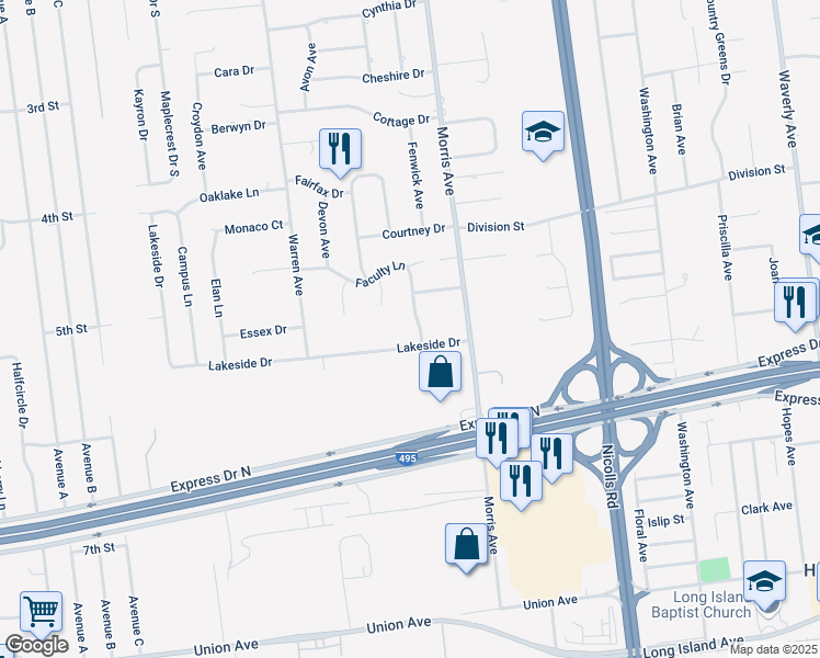 map of restaurants, bars, coffee shops, grocery stores, and more near 4 Faculty Ln in Farmingville