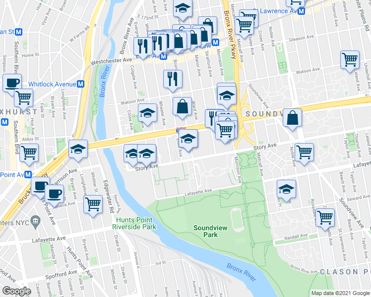 map of restaurants, bars, coffee shops, grocery stores, and more near 1535 Story Avenue in Bronx