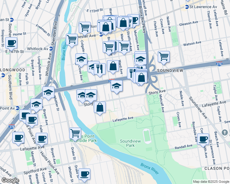 map of restaurants, bars, coffee shops, grocery stores, and more near 1535 Story Avenue in Bronx