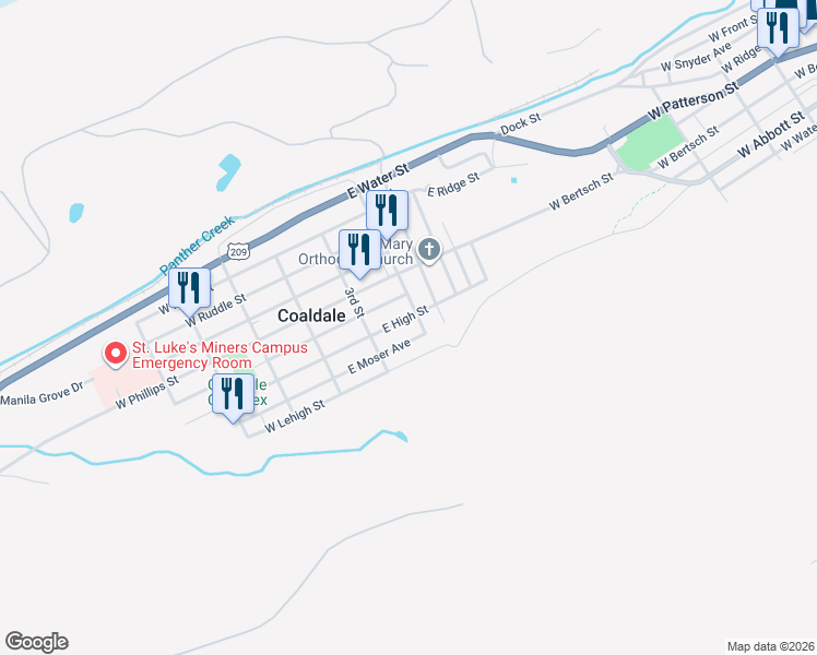 map of restaurants, bars, coffee shops, grocery stores, and more near 144 East High Street in Coaldale