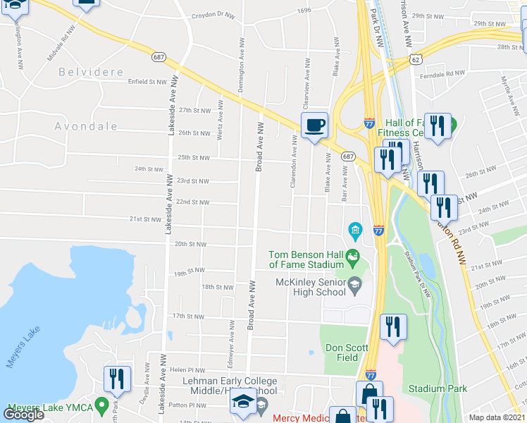map of restaurants, bars, coffee shops, grocery stores, and more near 2130 Broad Avenue Northwest in Canton