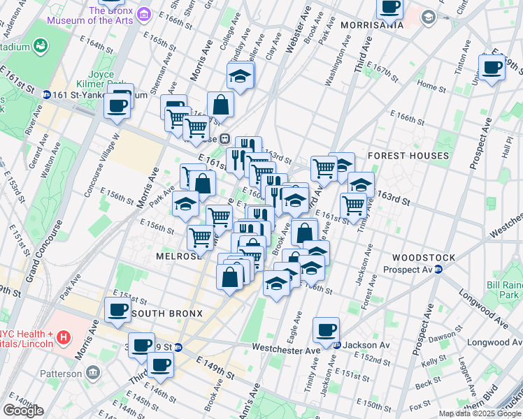 map of restaurants, bars, coffee shops, grocery stores, and more near 451 East 159th Street in The Bronx