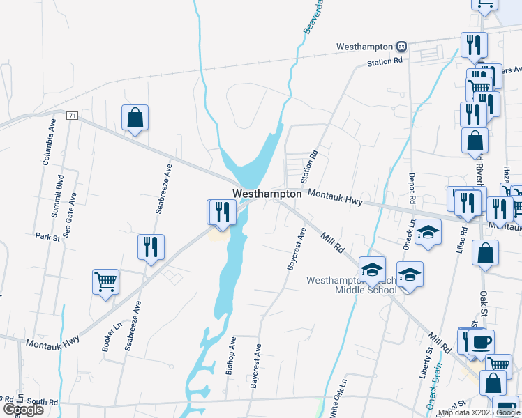 map of restaurants, bars, coffee shops, grocery stores, and more near 425 Mill Road in Westhampton
