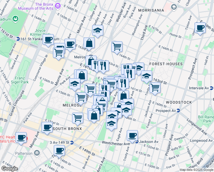 map of restaurants, bars, coffee shops, grocery stores, and more near 451 East 159th Street in The Bronx