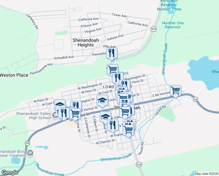 map of restaurants, bars, coffee shops, grocery stores, and more near 211 North Jardin Street in Shenandoah