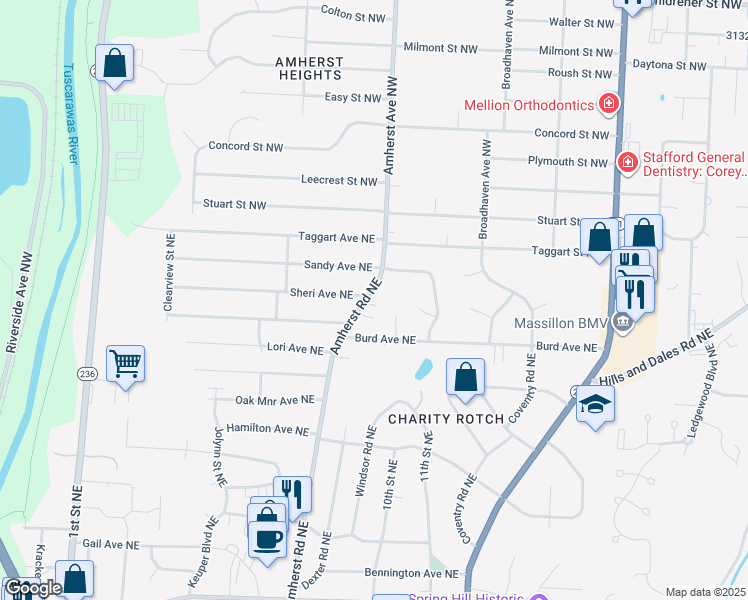 map of restaurants, bars, coffee shops, grocery stores, and more near 2046 Amherst Road Northeast in Massillon