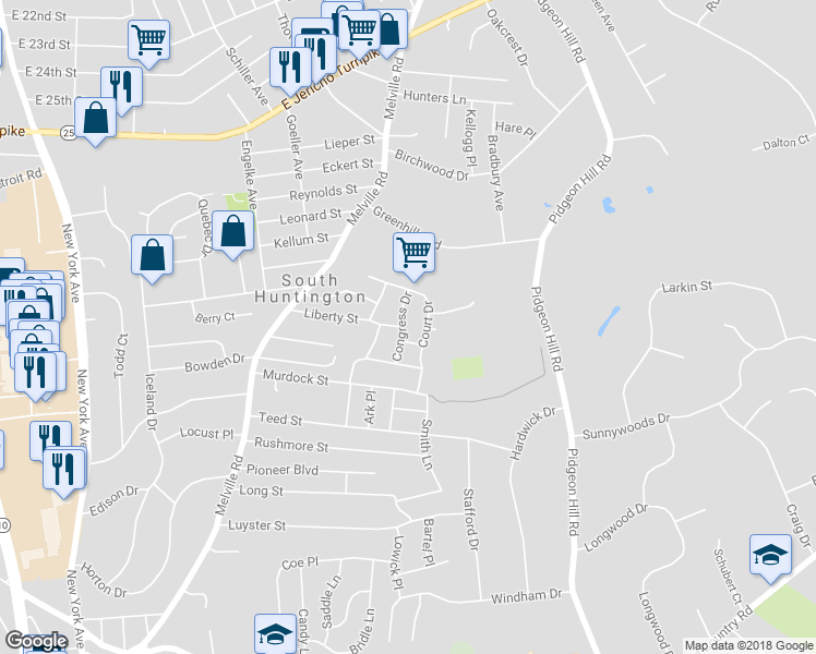 map of restaurants, bars, coffee shops, grocery stores, and more near 7 Congress Drive in Huntington Station