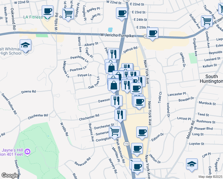 map of restaurants, bars, coffee shops, grocery stores, and more near 7 Weston Street in Huntington Station