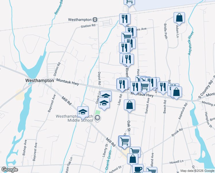 map of restaurants, bars, coffee shops, grocery stores, and more near 22 Montauk Highway in Westhampton Beach