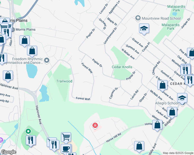 map of restaurants, bars, coffee shops, grocery stores, and more near 25 Forest Way in Morris Plains