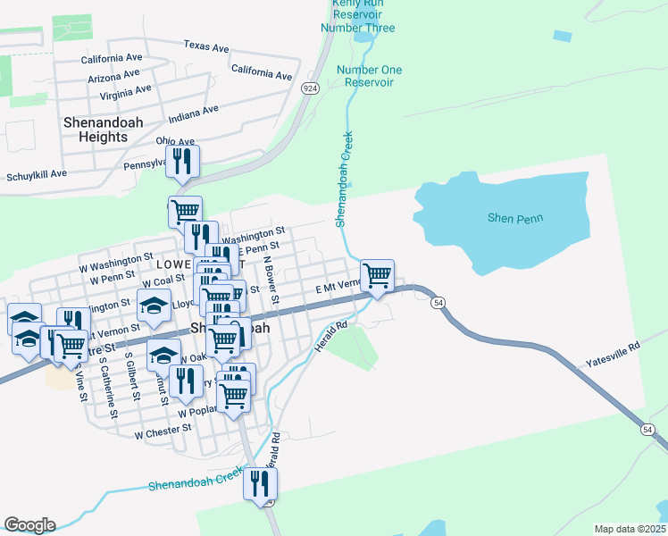 map of restaurants, bars, coffee shops, grocery stores, and more near 413 East Lloyd Street in Shenandoah