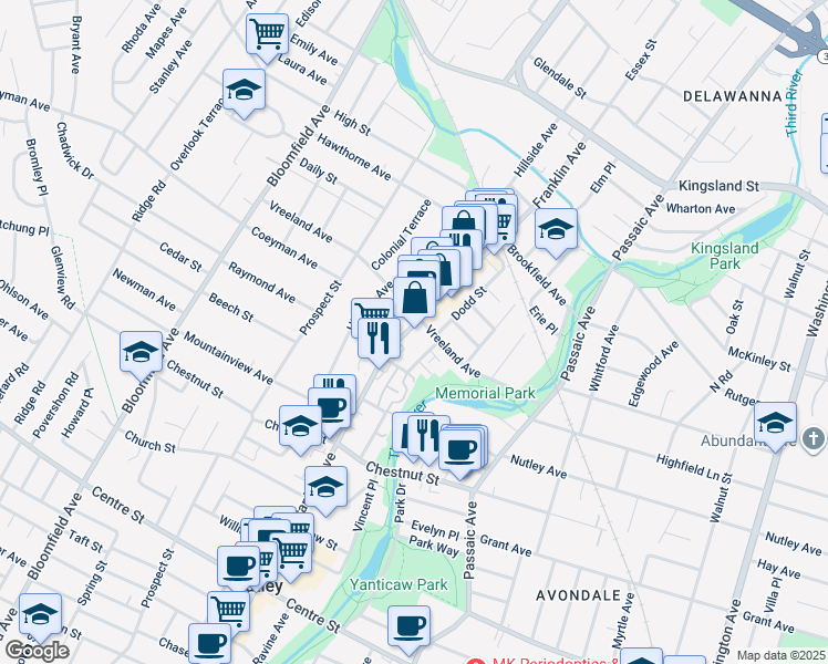 map of restaurants, bars, coffee shops, grocery stores, and more near 455 Franklin Avenue in Nutley