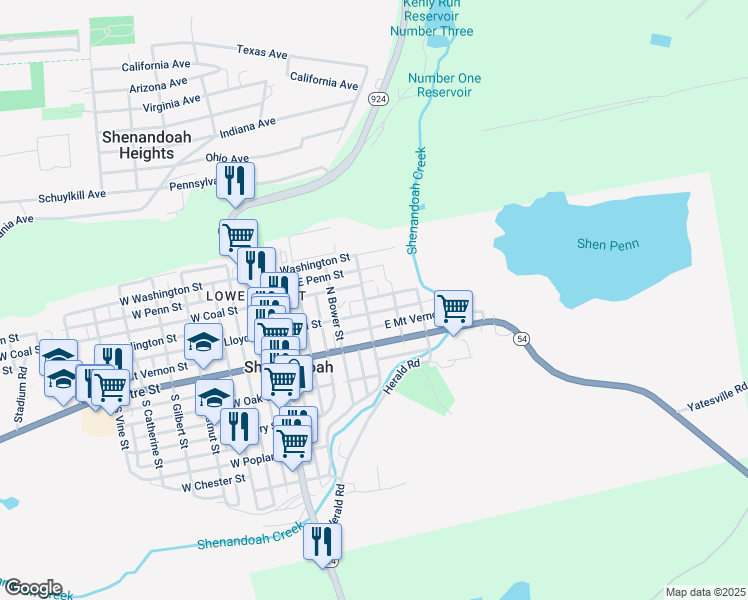 map of restaurants, bars, coffee shops, grocery stores, and more near 310 East Arlington Street in Shenandoah