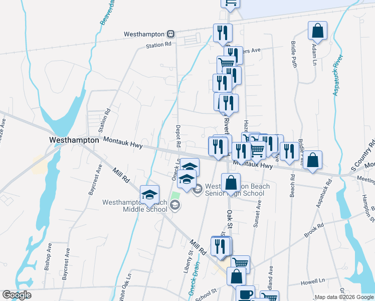 map of restaurants, bars, coffee shops, grocery stores, and more near 104 Montauk Highway in Westhampton Beach