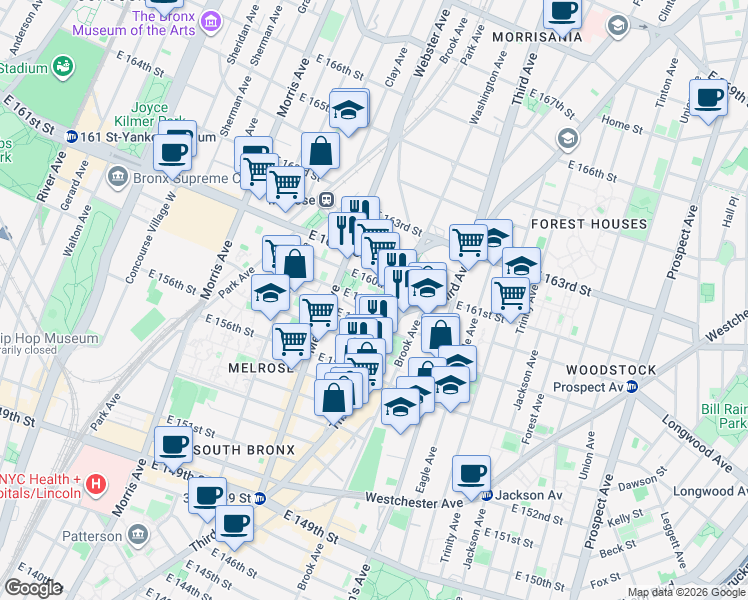 map of restaurants, bars, coffee shops, grocery stores, and more near 825 Elton Avenue in Bronx