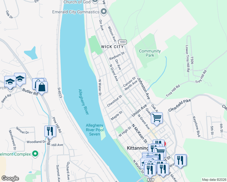 map of restaurants, bars, coffee shops, grocery stores, and more near 135 Hazel Street in Kittanning