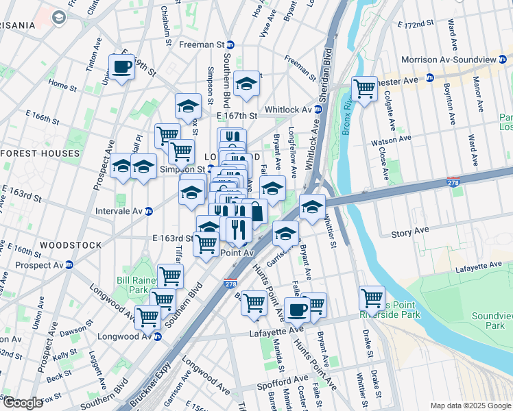 map of restaurants, bars, coffee shops, grocery stores, and more near 954 Hoe Avenue in Bronx