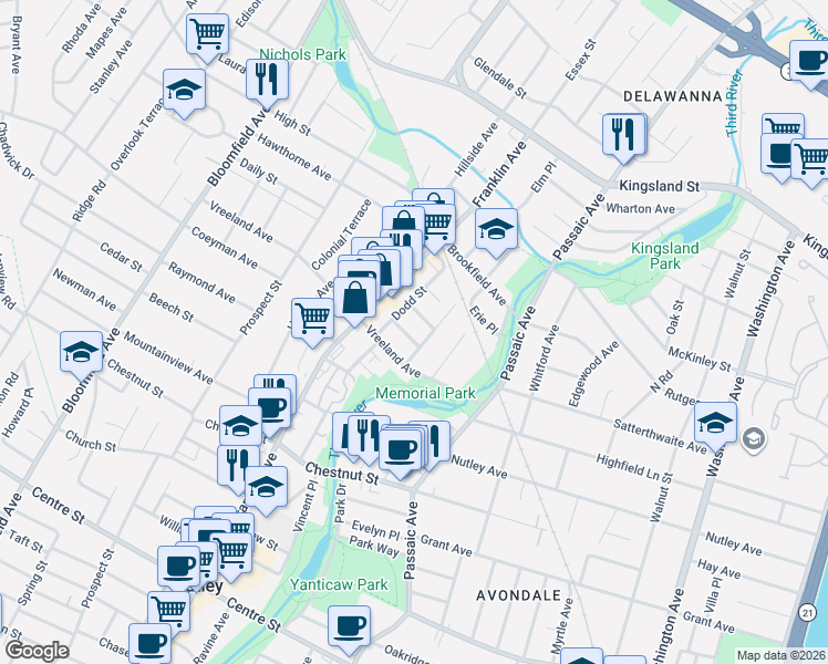 map of restaurants, bars, coffee shops, grocery stores, and more near 12 Laurel Pl in Nutley