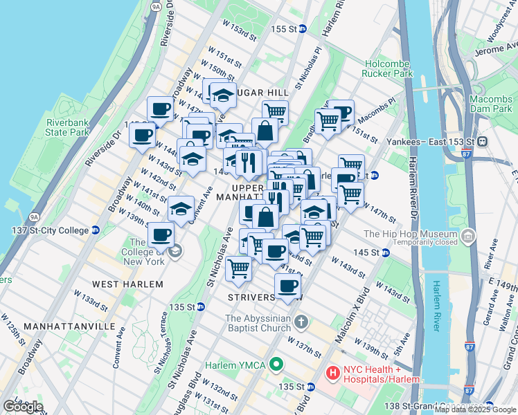 map of restaurants, bars, coffee shops, grocery stores, and more near 27 Bradhurst Avenue in New York