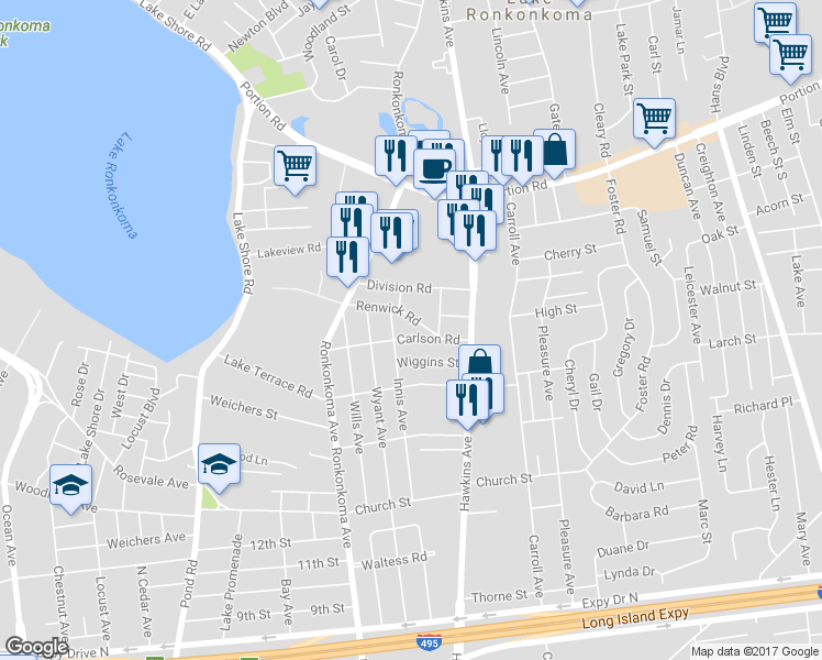 map of restaurants, bars, coffee shops, grocery stores, and more near 21 Carlson Road in Lake Ronkonkoma