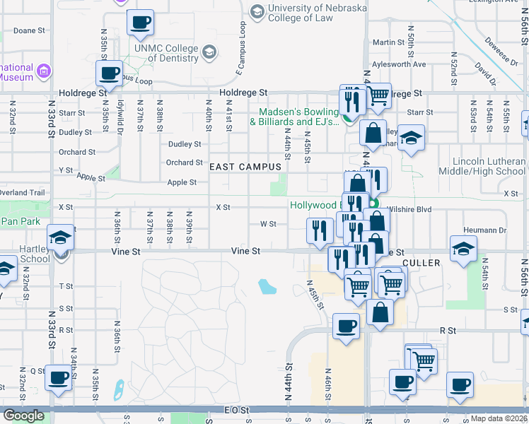 map of restaurants, bars, coffee shops, grocery stores, and more near 4231 X Street in Lincoln