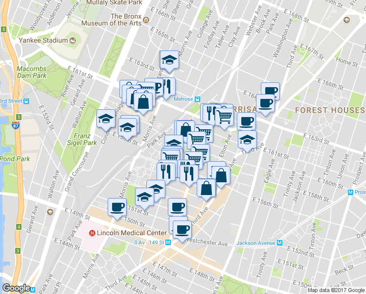 map of restaurants, bars, coffee shops, grocery stores, and more near 792 Courtlandt Avenue in Bronx