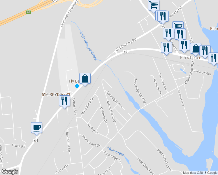 map of restaurants, bars, coffee shops, grocery stores, and more near 32 Emener Avenue in East Moriches